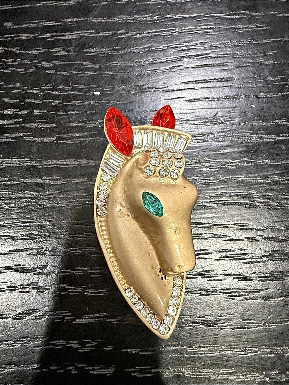 Jeweled Horse Head Brooch in Gold & Red